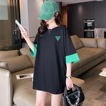 O coreano T-shirt preto de Moda de Algodão Cor de bloco gráfico t-shirts Harajuku y2k Tops Streetwear Oversized T-Shirt de Roupas femininas