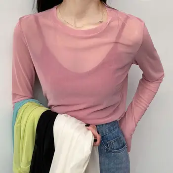 2023 Sexy Mulheres T-Shirt Ver Através do Transparente de Malha, Tops de Manga Longa de Senhoras T-Shirt cor-de-Rosa Verde Topo Básica Tops para as Mulheres