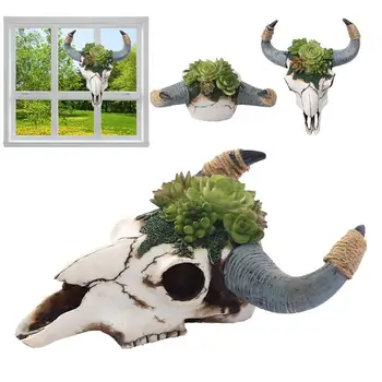 Vaca Crânio de Parede Decoração Ocidental Bull Crânio de Parede Decoração 3D Realista Vaca Crânio Estátua Esqueleto Cabeça de Animal Com Plantas Suculentas de Parede
