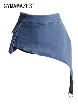 GYMAMAZES Jeans com Retalhos de Bolso Saias Para as Mulheres de Cintura Alta Emendados Zíper Uma Linha Saia de Moda Feminina Roupas de Estilo 2023 Novo