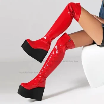 Vermelho De Couro De Patente De Cunhas De Calcanhar Botas De Plataforma Sobre O Joelho Do Lado Do Zíper Mulheres Sapatos De Dedo Do Pé Redondo Legal Sexy 2023 Zapatos Para Mujere