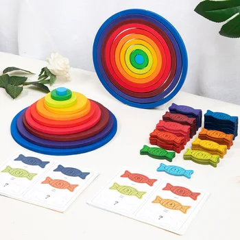 Arco-íris de Doces Círculos Concêntricos e Anéis de Classificação da Cor Brinquedos de Empilhar Blocos Montessori Educativos Brinquedos de Madeira para Crianças