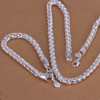 da forma 925 Prata Esterlina da jóia retro requintado Homens Mulheres 6mm cadeia torcida colar braceletes de casamento nobre presentes