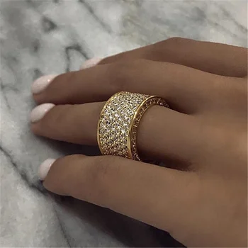 Requintado Luxo Ampla Anéis de Promessa para as Mulheres Puxar Pavimentada CZ Espumante Faixas de Casamento, Anéis de Ouro, Cor de Jóias de Moda