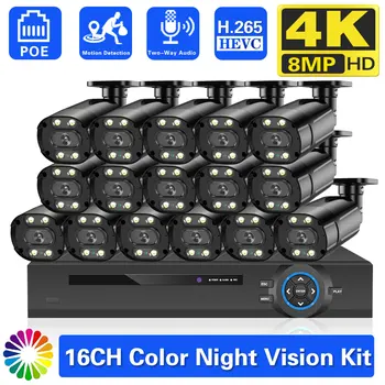 4K POE Câmera do CCTV Sistema de Segurança Kit de 16CH NVR Kit Completo de Cores de Visão Nocturna Câmera IP de Vigilância por Vídeo em Dois sentidos do Sistema de Áudio