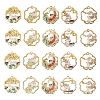 20Pcs 5Styles Chinês Clássico Estilo de Ouro Chapeado Gato Carpa Peixes Veados Sika de Flores Esmaltadas e os botões para DIY Fabricação de Acessórios
