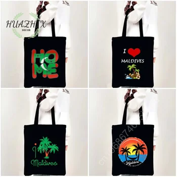 Vintage Verão, Praia, Sacos de Ombro Férias Maldivas Bandeira de Amor para Mulheres de Compras, Sacola de Lona Preta Casual Eco Bolsa
