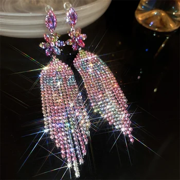 FYUAN Brilhante Colorido de Cristal Brincos para Mulheres de Longa Borla Strass Dangle Brincos de Senhoras Noiva Casamentos Jóias