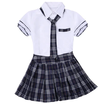3Pcs Mulheres e Meninas Cosplay do Traje da Escola JK Uniforme Roleplay Roupa Camisa de Manga Curta com Saia Xadrez e Gravata Conjunto de Verão