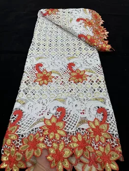 Branca de alta qualidade Africano laço de tecido com lantejoulas de varejo de 5 metros de malha de renda para os Nigerianos costurar africano vestido de casamento grande
