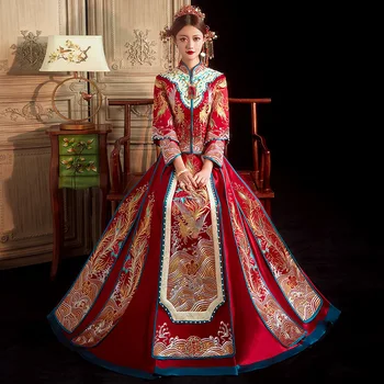 Bordados requintados Beading Borla Chinês Tradicional Noivo Noiva Vestido de Noiva Casar Cheongsam Свадебное платье