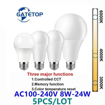 Cor do LED-ajustado Bulbo 5PCS E27 B22 AC120V/AC220V 8W-24W CCT,Função de Memória,Temp Cor Reset Luz para a Casa, escritório de Iluminação