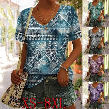 Mulheres de Verão, Novo Topo de Moda Solto e Casual de Impressão com Decote em V Manga Curta T-Shirt Plus Tamanho XS-8XL