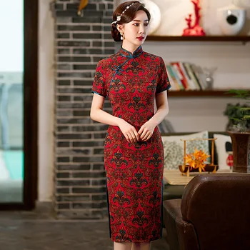 Mola de comprimento Médio Dividir Vermelho Cheongsam Chinês Tradicional Estilo Elegante Colar de pé Banquete, o Vestido de Noite para as Mulheres Qipao