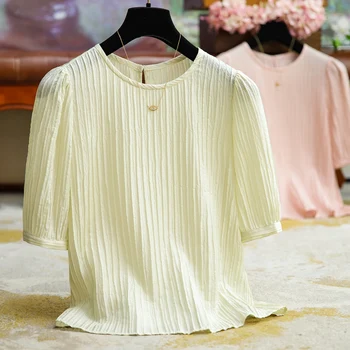 Alta Qualidade Versátil Macio de Seda Sobreposição de Crepe em linha Reta Tops Temperamento Feminino Casual Simples T-shirt de Senhoras Vestuário