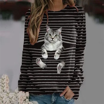 Senhoras Faixa 3D desenhos animados do Gato Imprimir T-Shirt das Mulheres O-Pescoço Longo da Luva Solto T-Shirts 2022 Primavera Casual de grandes dimensões Tops
