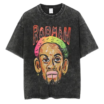 Homens Streetwear Angustiado Hip Hop Cartoon Rodman Impressão Gráfica De Grandes Dimensões Harajuku Rasgado Lavado Manga Curta Camiseta Unisex