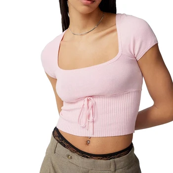 Mulheres de Verão Slim Crop Tops de Cor Sólida Manga Curta Pescoço Quadrado da Malha do Cordão T-shirt de Streetwear