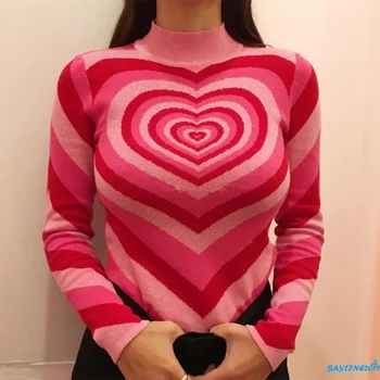 BAY-as Mulheres Amam Coração de Impressão Camisola de Manga Longa O pescoço de Malha, Pulôver para a Camisola de Inverno