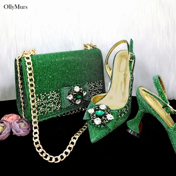Alta Qualidade Elegante PU Com Sapatos de Cristal E Conjunto de Saco Moda Africana Mulher Bombas de 5.5 CM de Sapatos E Bolsa de Conjunto Para a Festa