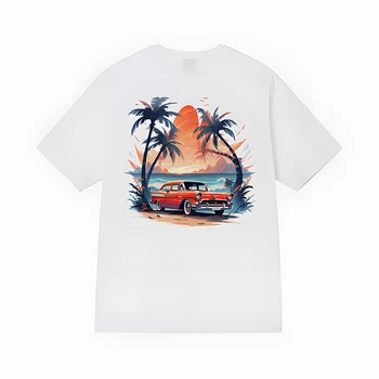 Hip Hop Homens T-Camisas Retro Praia de Carro da década de 1990 Ilustração Impressa em Algodão Puro, Streetwear Camiseta Neutra do Casal Casual Tops Tee