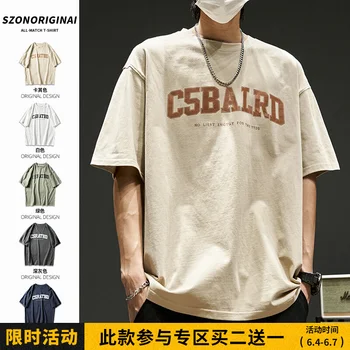 T-shirt dos Homens Verão Japonês de Algodão Solto Carta de Impressão de T-shirt Peso 280g