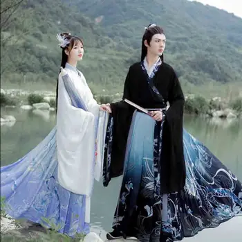 Plus Size 6XL Hanfu Casais Chinês Tradicional Bordado de Roupas Adulto Halloween Cos Traje Preto Azul Hanfu Para Homens/Mulheres