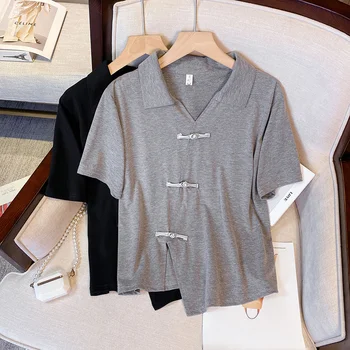 Verão XL-4XL Oversize T-shirt de Algodão Feminino Irregular de Curto manga Solta Tamanho Grande de Cima V-pescoço Chinês Botão Estilo Retro Split