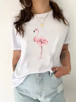 T-shirt de impressão Superior Casual Manga Curta Gráfico T-Shirt Roupas Flamingo Flor Floral de Praia Feminino Moda Tee Mulheres