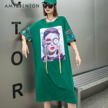Europeia Estação de 2023 Verão Nova Moda dos desenhos animados Impresso T-shirt Dress para Mulheres Meados de Comprimento Solto Oversize camisa de Manga Curta T