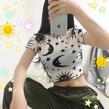 Malha Pura T-shirt de Ver através de Lua Estrelas Imprimir Tee Tops de Moda de Verão de Babados de Manga Curta Mulheres Crop Top Venda Quente
