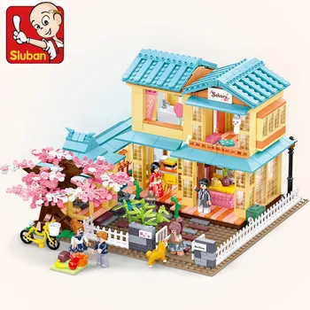 1029PCS Primavera Sakura Temporada Sonhando Villa de Férias Casa Japonesa Apartamento Cidade de Castelo de Blocos de Construção Amigos Brinquedos