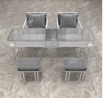 Vidro de prata do prego do salão de mesa e cadeiras individual duplo triplo de mármore lacado prego salão de mesa e cadeira