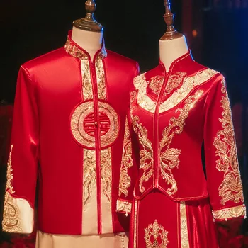 Chinês Tradicional Vestido de Casamento a Noiva Lantejoulas Beading Cheongsam Brinde Vestimenta Qipao para as Mulheres e Homens Vestido de Festa