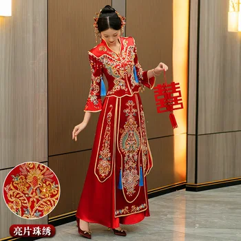 Bordados Dragon Phoenix Chinês Tradicional Casal De Casamento Terno Cheongsam Elegante Noiva Vintage Vestido Qipao