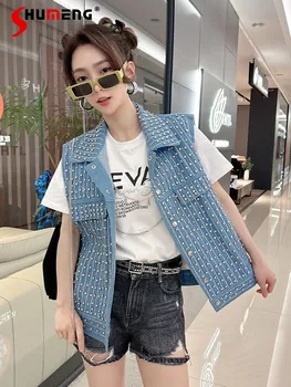 High-end de Mulheres Casual Strass Short Jeans Veste a Roupa coreano Moda Mulher Diamante Incorporado sem Mangas do Casaco Cardigan