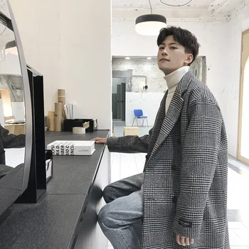 A médio e Longo Lã Casaco de Inverno de 2022 Novos Homens coreano Xadrez Casaco de Moda de abotoamento Duplo Casaco de Pano Cinzento