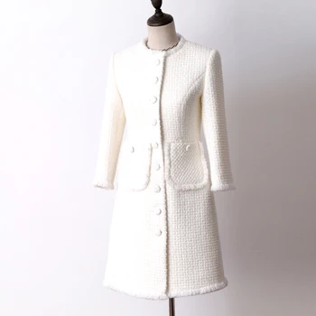 Branca lã casaco de tweed no longa seção de outono e inverno das Mulheres Casaco novo de sete pontos de manga Slim, jaqueta de senhoras casaco