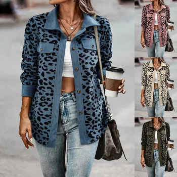 2023 Outono e Inverno, Moda de estampa de Leopardo Casacos para Mulheres Botão de camisa de Manga comprida Mulheres Casacos