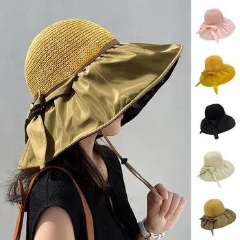 Sol Chapéu de Aba Larga Grandes Bowknot Trançado Permeável Correia de Emenda de Proteção contra o Sol, Respirável Mulheres de Verão Anti-UV Pescador