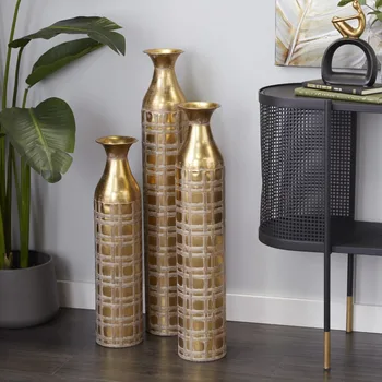 Vaso de Metal dourado com Gravado Padrões de Grade de 3 peças