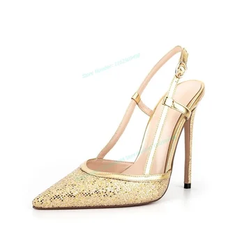 Brilho dourado Correia de Trás Sandálias de Dedo Apontado Sapatos para as Mulheres Corte de Salto Fino Salto Alto Sapatos da Moda 2023 Zapatos Para Mujere
