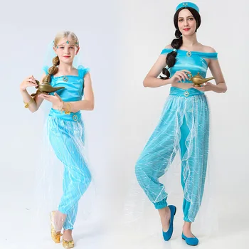 Conto de fadas Lâmpada de Aladdin Aladdin Cosplay Traje Top+ Calça Roupa de Princesa Jasmine Trajes para Mulheres, Crianças Vestido de Fantasia do dia das bruxas