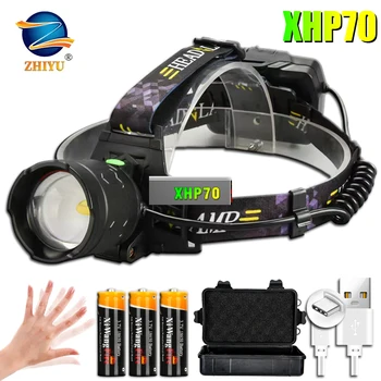 XHP70 Super Forte e Farol do DIODO emissor de Indução de Zoom Farol Tipo-C Recarregável USB 3*18650 Bateria de Acampamento ao ar livre lanterna de Pesca