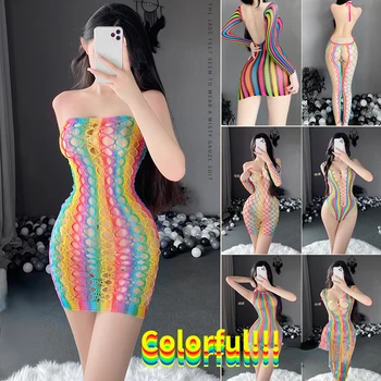 Mulher Colorido Sexy Ocos Bodysuit Rede De Peixes Ajuste Apertado Sem Encosto Lingerie Ver Através Da Malha Meia Traje Exótico Vestuário