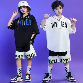 Nova Dança Hip Hop da mascote para Crianças Preto T-Shirts, Shorts de Meninos Streetwear Crianças da Escola de Jazz do Desempenho Roupas 3-16 Anos