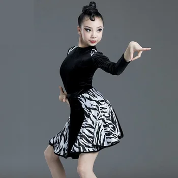 Leopard Print Meninas De Vestido De Dança Latina Para Crianças De Salão De Competição Fase Do Partido Desempenho Trajes De Manga Longa Vestido Preto Definir