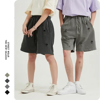 Vestuário masculino Europeu e Americano High Street Style Lavado Velho Shorts Soltos Mulheres Streetwears Calças